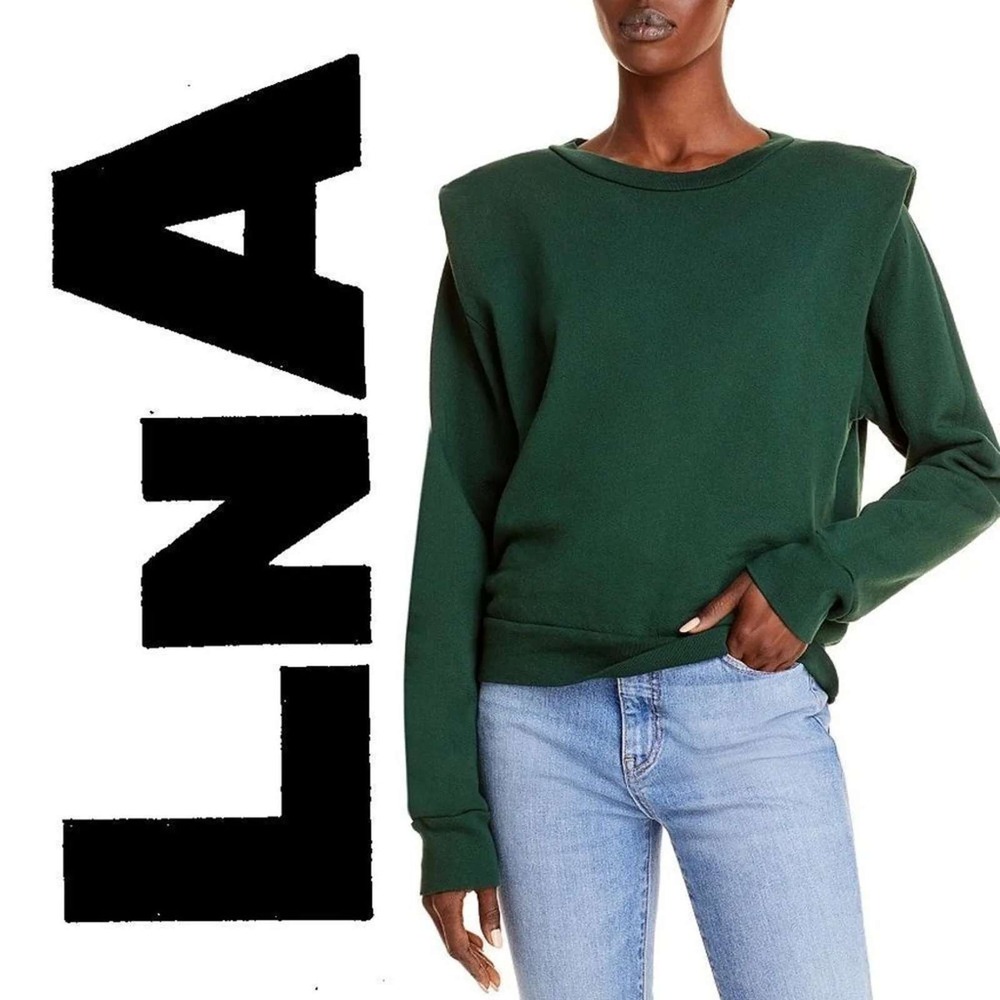 LNA Jett Sweatshirt Women XS Green Puff Shoulder Pine Green Crew Neck Cotton USA